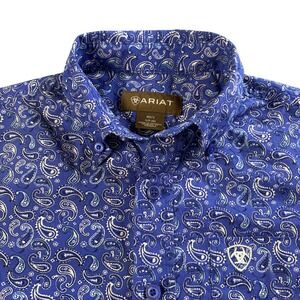 Ariat Boys Blue Paisley Short Sleeve Western Button Down Shirt Size S8 Cotton